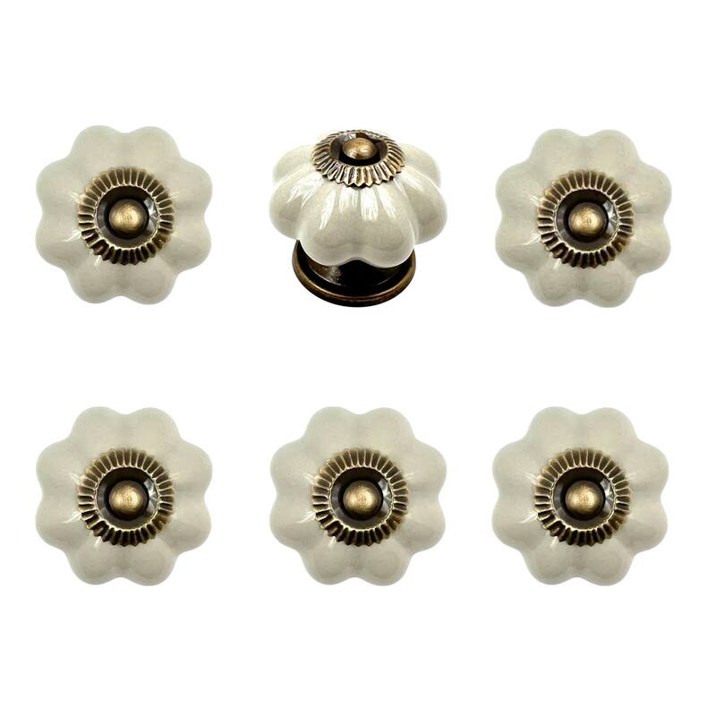 HomeRoots Set of Six Gray Ceramic Floral Shape Drawer Pull Knobs - 1.50 in. x 1.00 in. x 1.50 in.