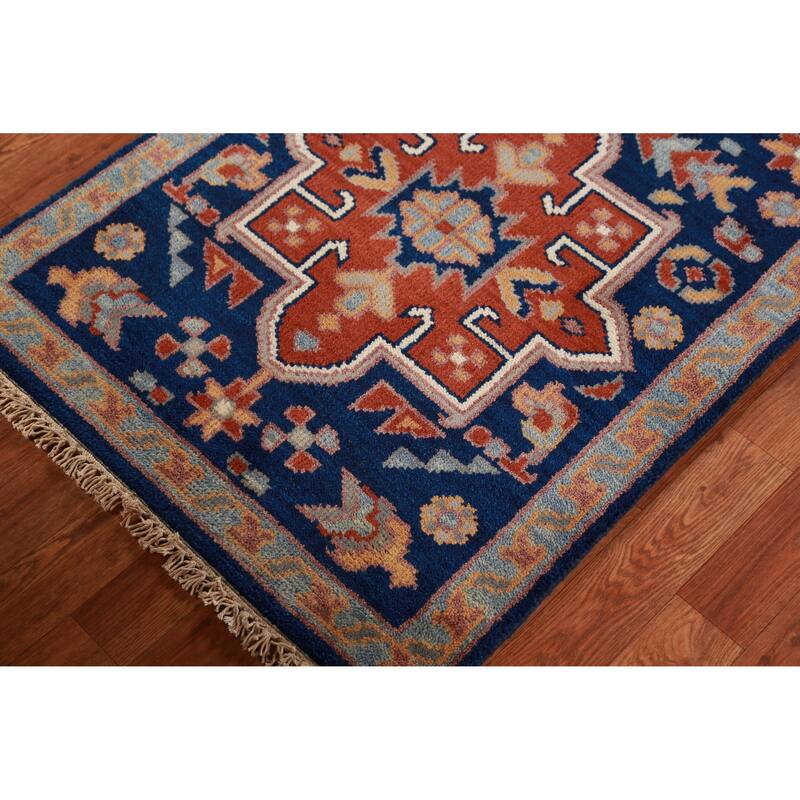 Hand Knotted Oriental 100% Wool Carpet Traditional Geometric Navy Blue & Blues Kazak Runner Rug - 7' 9'' X 2' 7''