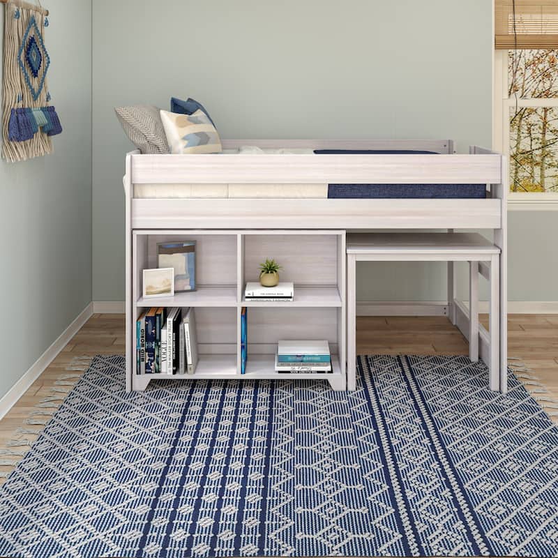 Max and Lily Farmhouse Twin-Size Low Loft with 4-Shelf Bookcase and Desk - White Wash