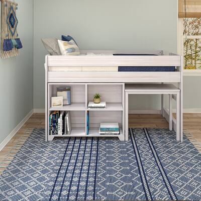 Farmhouse Twin-Size Low Loft with 4-Shelf Bookcase and Desk