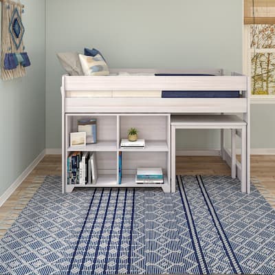 Max and Lily Farmhouse Twin-Size Low Loft with 4-Shelf Bookcase and Desk