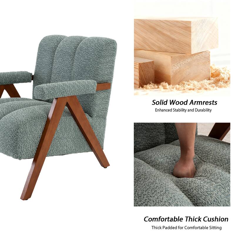 Mid Century Modern Accent Chair, Chenille Armchair with Solid Wood Legs, Channel Tufted Comfy Reading Chair for Living Room