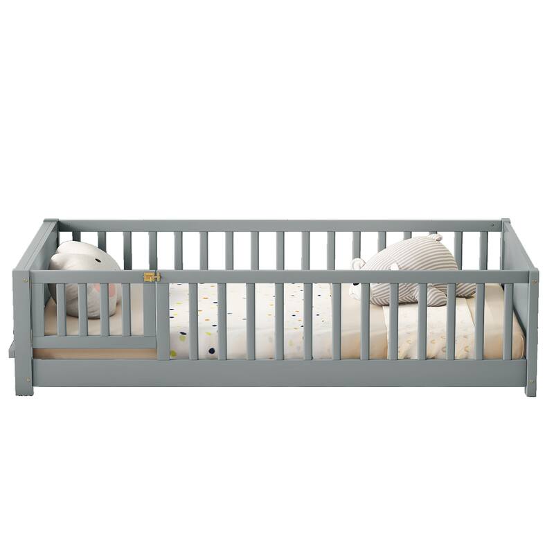 Grey Twin Size Pine Wood Floor Platform Bed with Storage Rack