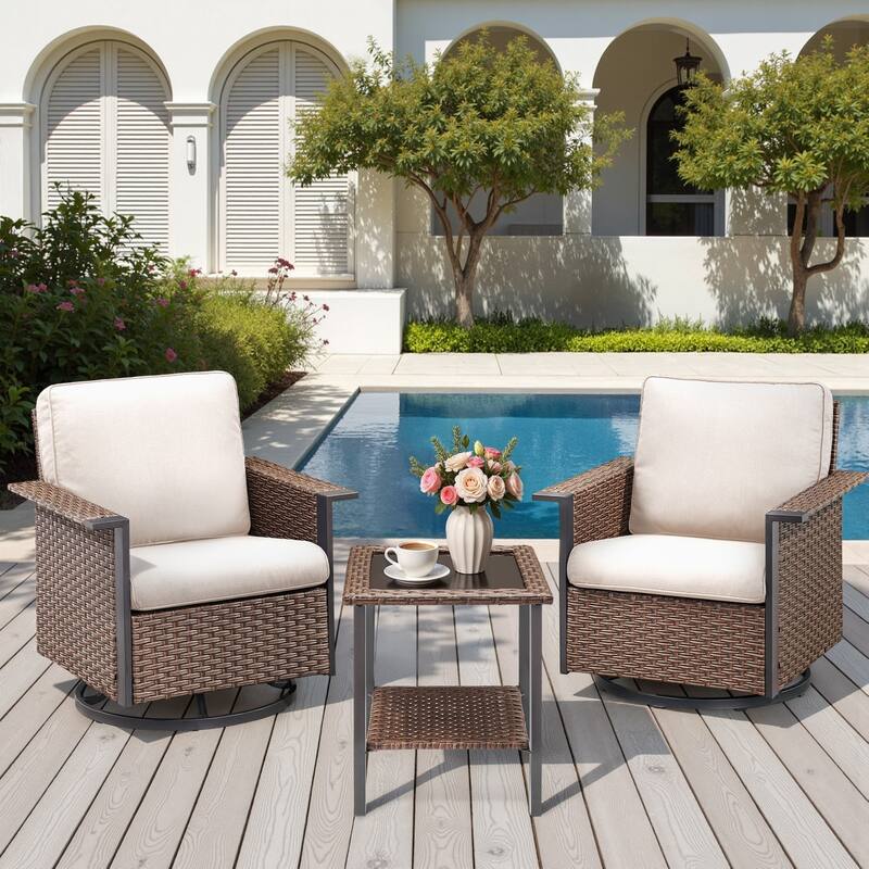 Pocassy Outdoor Wicker Sofa Glider Chair with Ottoman Set - Brown Wicker Beige Cushion - 3-Piece Swivel Chair with Side Table