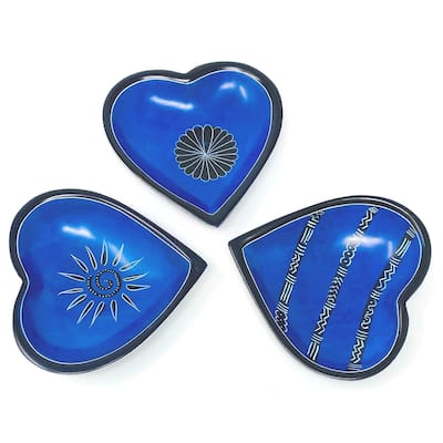Small Soapstone Heart Bowls with Designs, Set of 3, Dark Blue