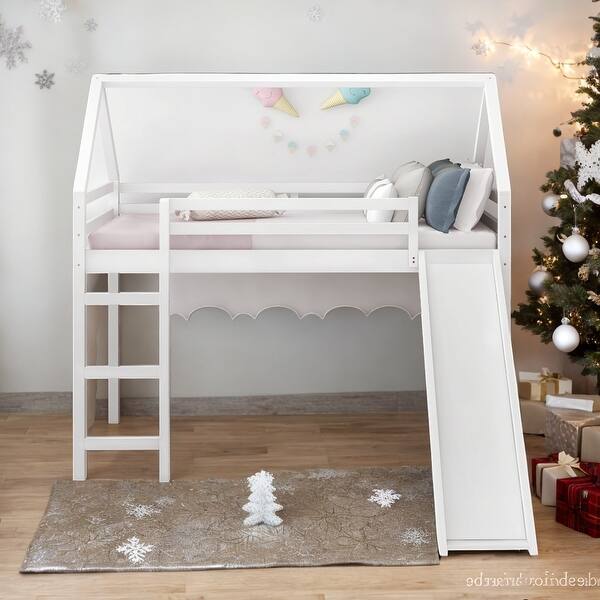slide 2 of 29, Elegant Design Twin Size Loft Bed with Slide, House Bed with Slide White