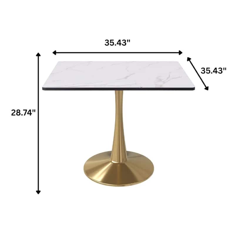 Bristol Square Marbled White MDF Wood Top and Gold Steel Pedestal Base Dining Table for Dining Rooms, Kitchens, and Restaurants