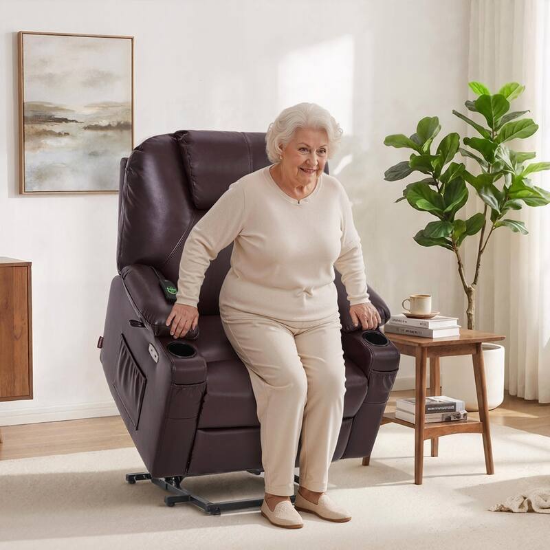 MCombo Medium-Wide Power Lift Recliner Chair Sofa with Massage and Heat for Elderly People, Faux Leather R7045 - Dark Brown