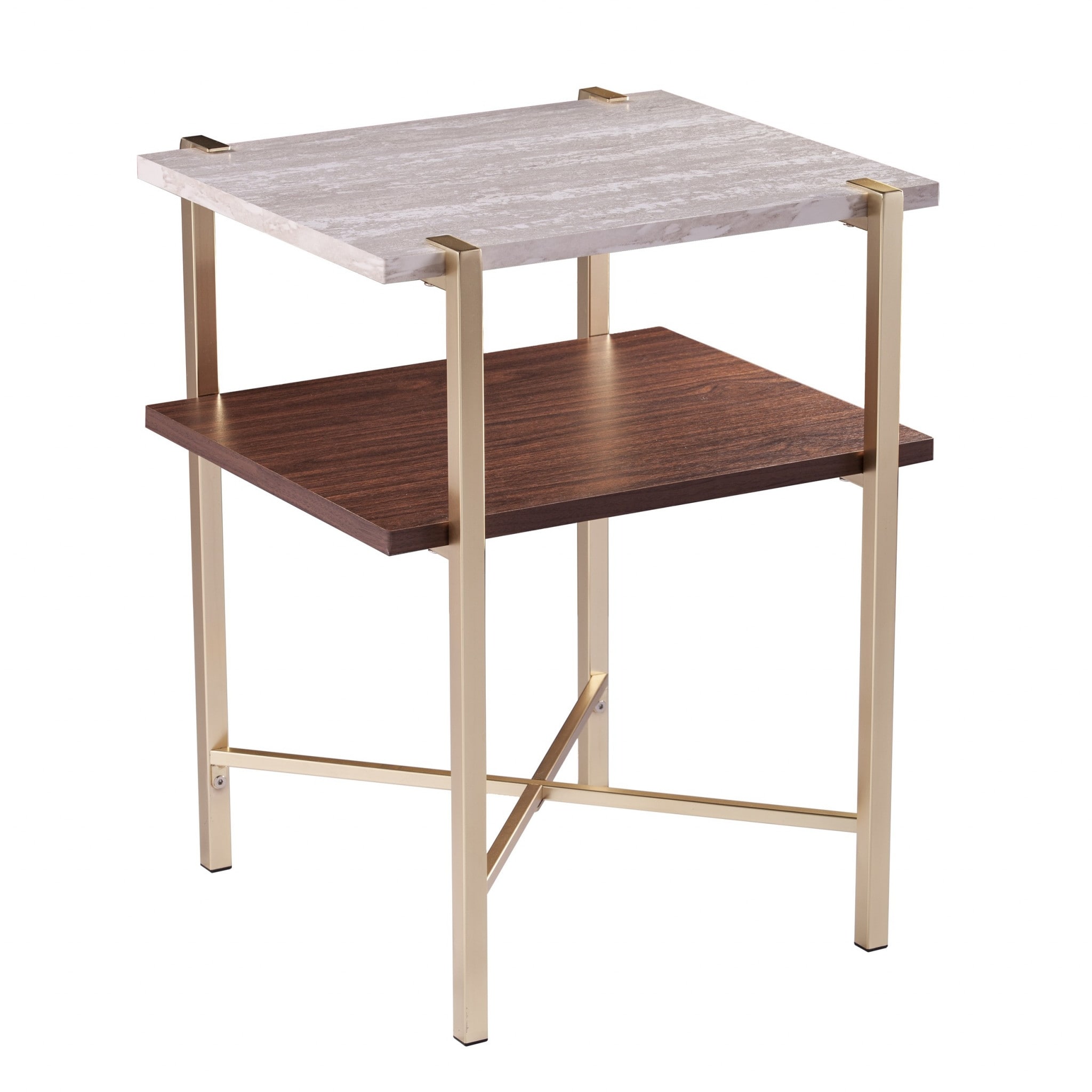 HomeRoots 24 inch Brass Manufactured Wood And Iron Square End Table With Shelf - 19x17.5x24