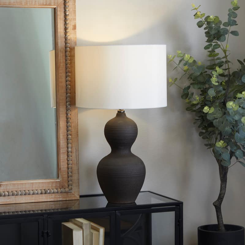 CosmoLiving by Cosmopolitan Black Ceramic Gourd Style Base Room Table Lamp with Drum Shade - Black - 15"W, 26"H