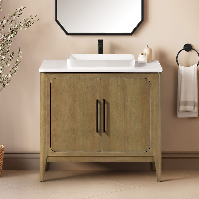 OVE Heidi Cortado Bathroom Vanity with White Quartz Top - 36" - Cortado with Matte Black Hardware