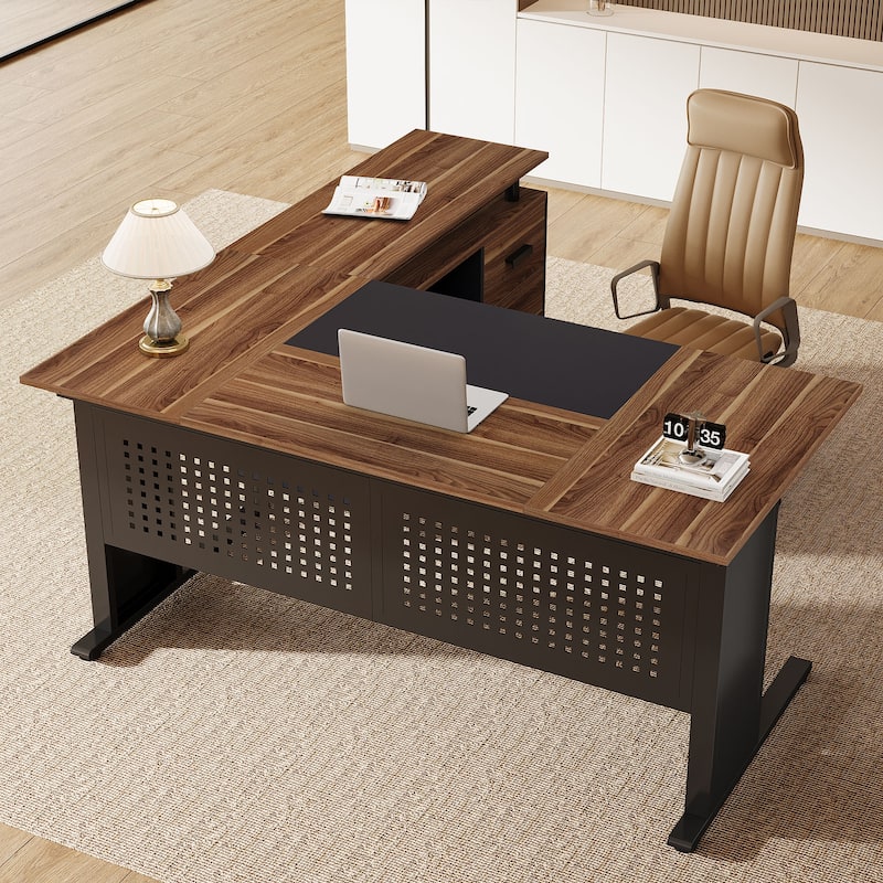 63-Inch L-Shaped Executive Desk with Storage Shelves