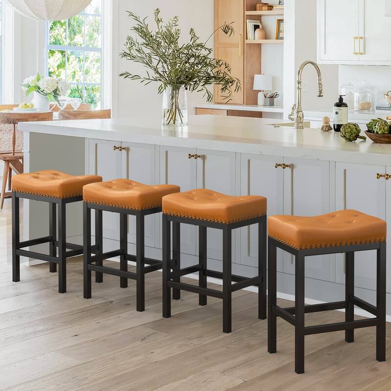 Backless Cushioned Faux Leather Bar Stools Counter Height Stools with Metal Frame - 24" H