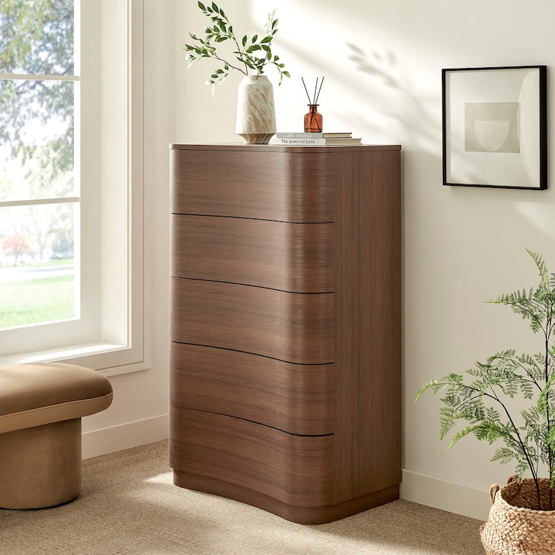 Mirae 5-Drawer Curved Dresser Chest of Drawers - Brushed Brown Oak