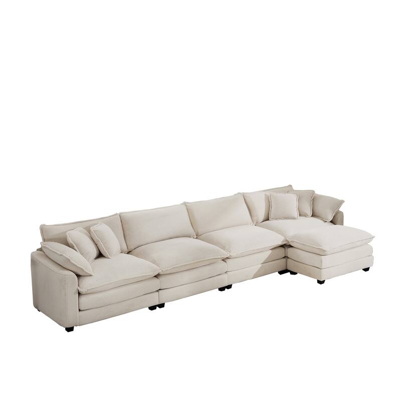 Beige 115" Corduroy Modular L-Shaped Sectional Sofa with Ottoman