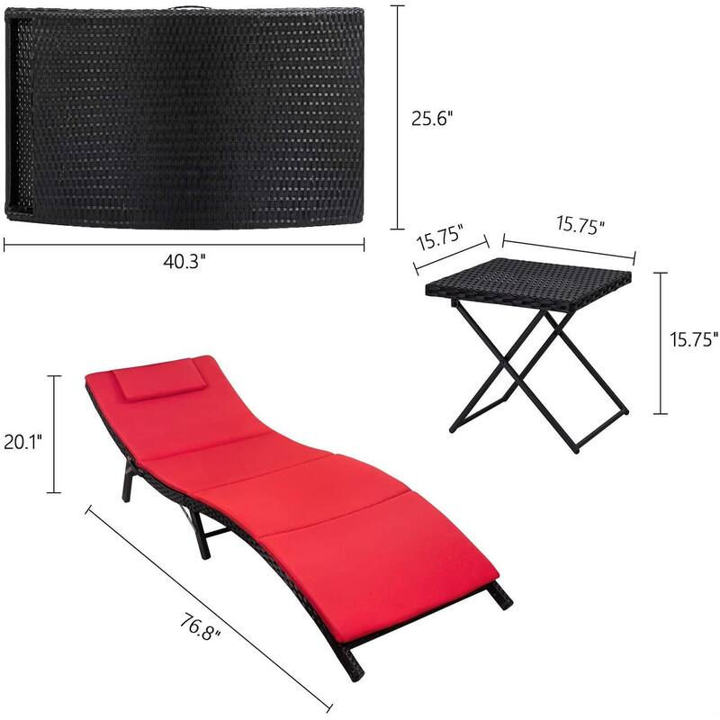 Homall 3 Pieces Patio Chaise Lounge with Removable Cushions Unadjustable Wicker Folding Chaise Lounge with Folding Table