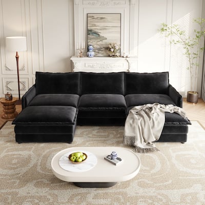 Living Room U-shaped Sectional Sofa with Chaise Corduroy Fabric Upholstered Deep Seat 3 Seater Couch with 2 Ottomans