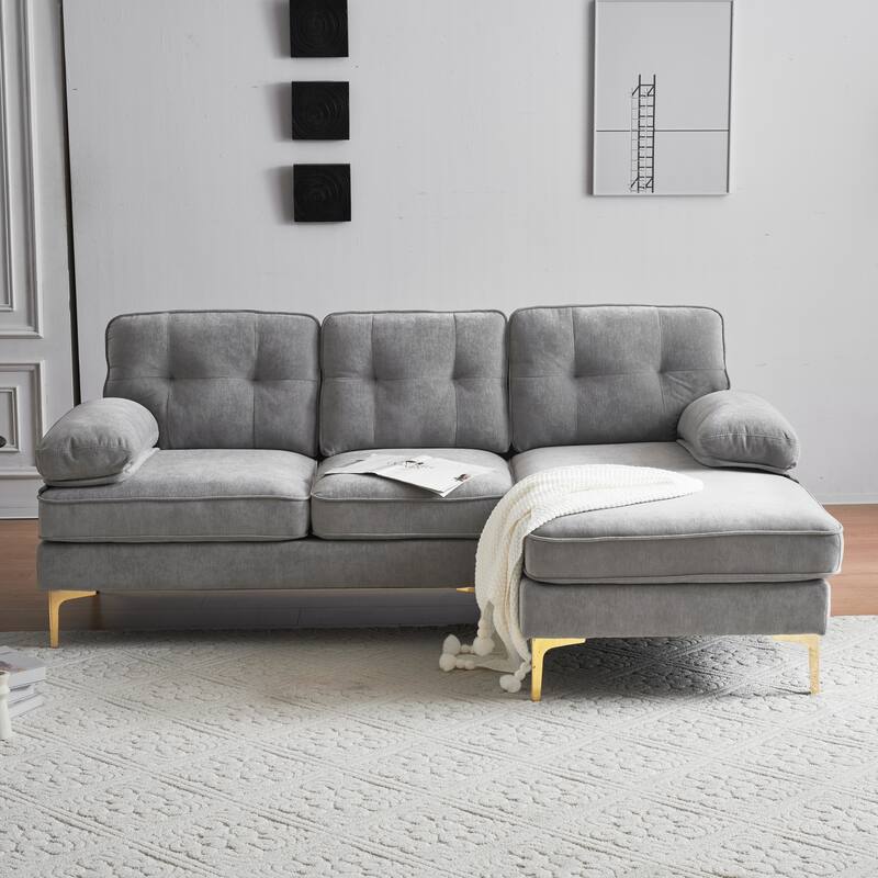 Velvet Sectional Sofas Couches with Pillow Top Arms and Upholstered Backrest, Modern L-Shaped Couches with Metal Legs - Light Gray