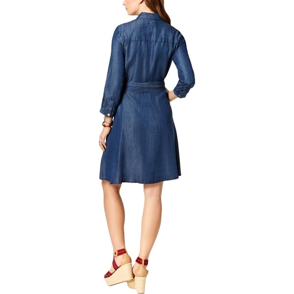 14, Blue Tommy Hilfiger Womens Sleeveless Pleated A-Line Chambray Dress