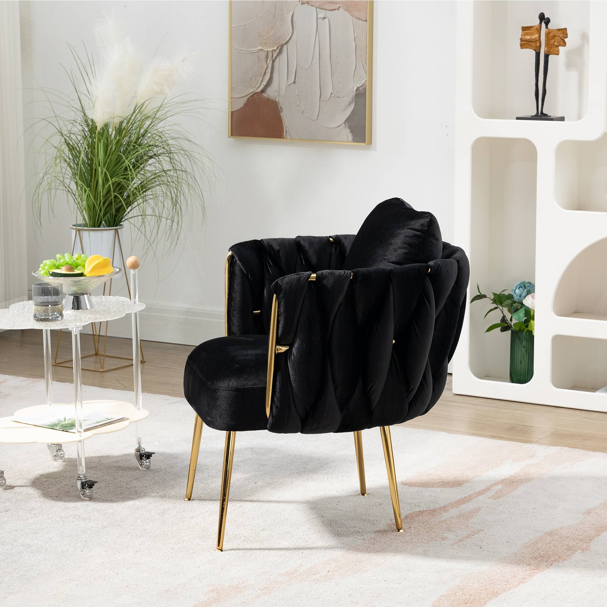 Velvet Accent Chair Armchair Reading Chair Bedroom Lounge Chairs, Black