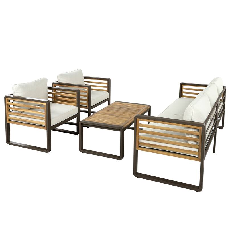 5-Person Outdoor Conversation Set with Removable Cushions and Stylish Metal Frame and Acacia Wood