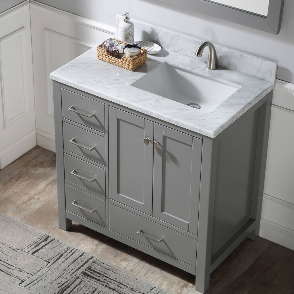 BATHLET 36 inch Grey Bathroom Vanity Set with Marble Top, Right Sink