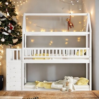 Twin House Bunk Bed with Shelves and Drawers