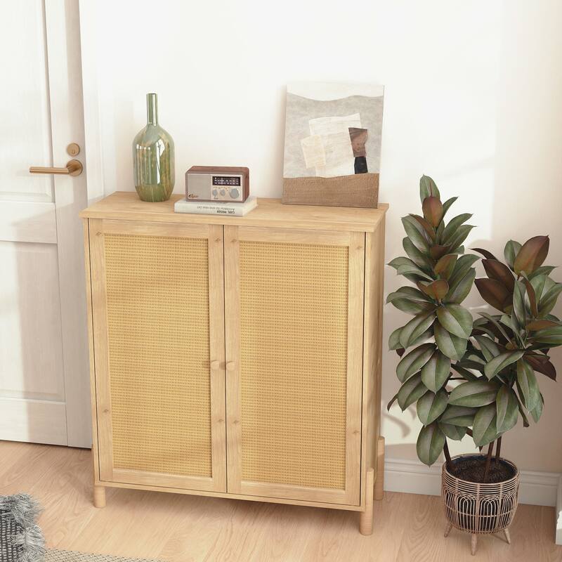 Mid Century Rattan Storage Cabinet,Adjustable Shelves for Living Room