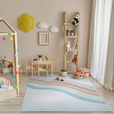 Well Woven Kids Rugs Curved Rainbow Modern Machine Washable Area Rug