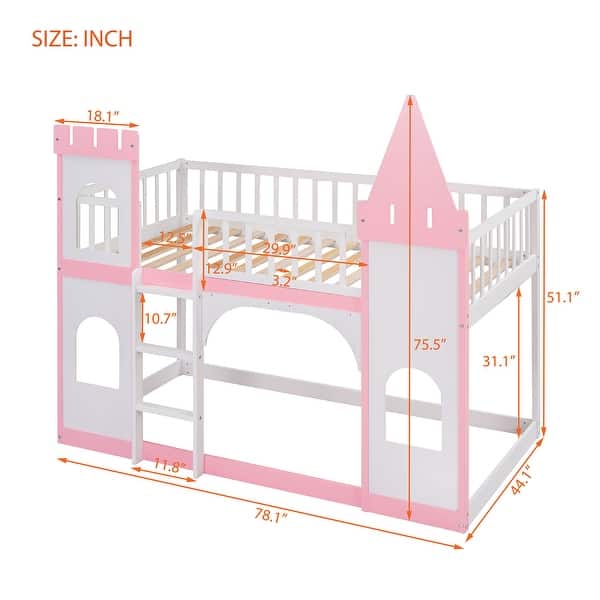 Fun Pink Castle Bunk Bed Twin Over Twin Wood Bed with No Slats Floor Bed, Guardrails, Door and Windows for Play or Sleep