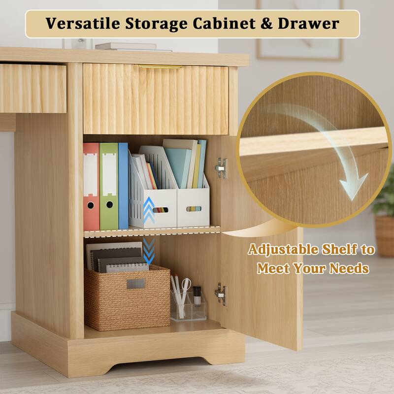 55" Modern Fluted Office Desk with Storage Cabinet & Drawers, Computer Writing Desk with Power Outlet, Pegboard