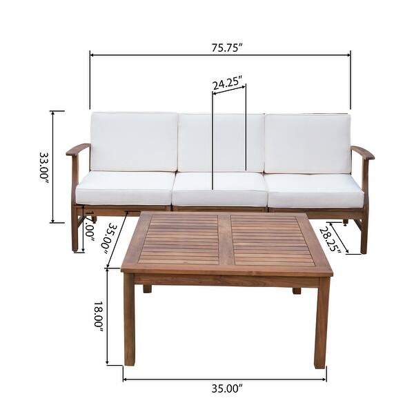 dimension image slide 10 of 16, Christopher Knight Home - Aneska Outdoor 3-Seater Sofa Set with Slatted Coffee Table, Acacia Wood with Water-Resistant Cushions