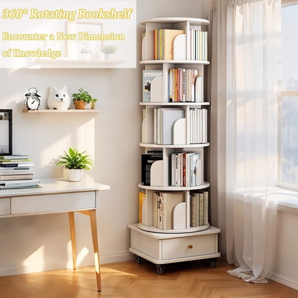6 Tier 360° Rotating Bookshelf ，Round Spinning Bookcase with Wheels, Drawer & Space-Saving Design Ideal for Bedroom Small