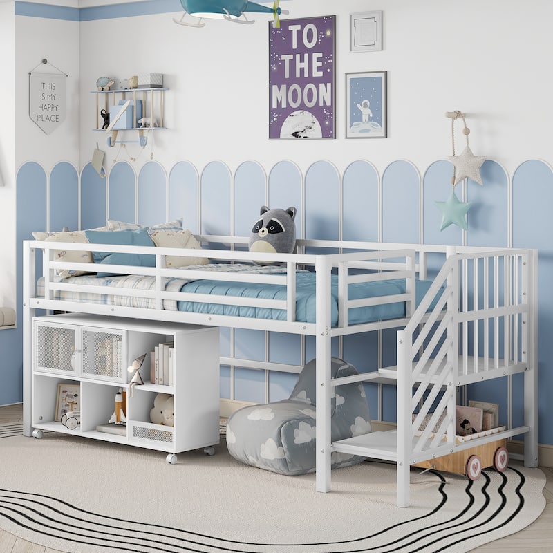 Twin Size Metal Loft Bed with Movable Storage Cabinets, Low Loft Bed Metal Frame Bed with Stairs for Kids