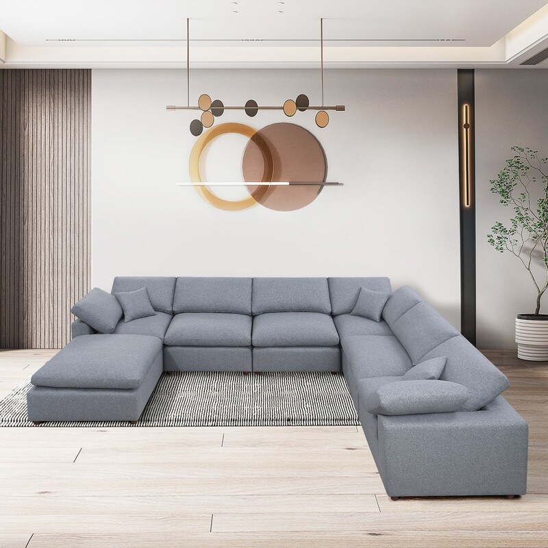 Large Modular Sectional Sofa Set U shape Sectional Sofa with Ottoman Chaise Lounge and Pillows Linen Couch for Living Room Grey