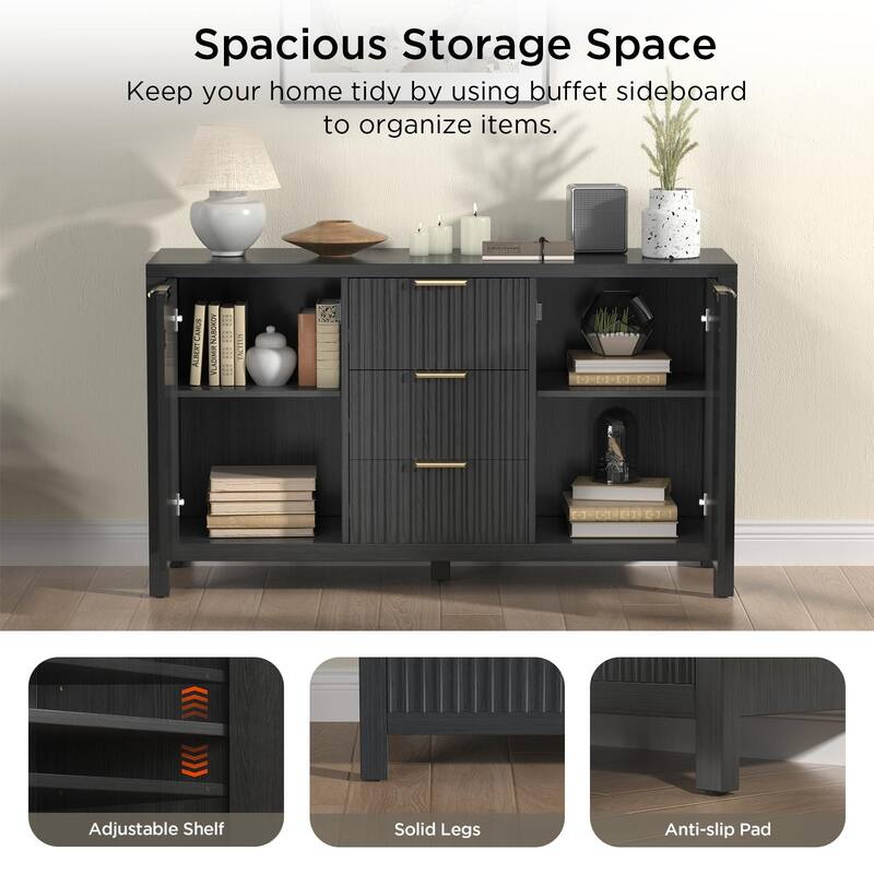 Sideboard Storage Cabinet, Fluted Credenza Buffet Cabinet with Two Doors and Three Drawers for Kitchen and Living Room