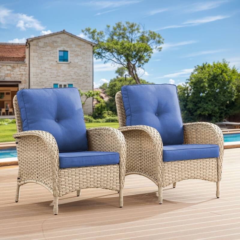 Gymojoy Stylish High Back Outdoor Wicker Dining Chairs Set of 2 - 2-Piece - Tan Wicker / Blue Cushion