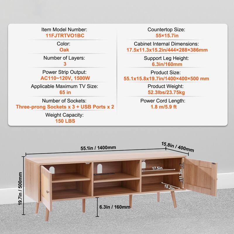 Rattan TV Stand, Mid Century Modern TV Stand, Boho Rattan TV Cabinet with Build-in Socket and USB Ports, Adjustable Shelfs