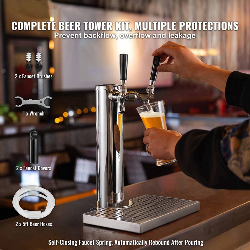 Draft Beer Tower Dispenser, Stainless Steel Keg Beer Tower, Kegerator Tower Kit with Pre-Assembled Tubing