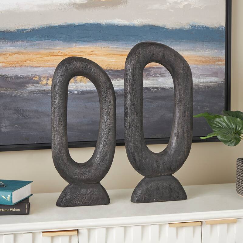 Black Mango Wood Cutout Oval Abstract Decorative Sculpture (Set of 2) - Black