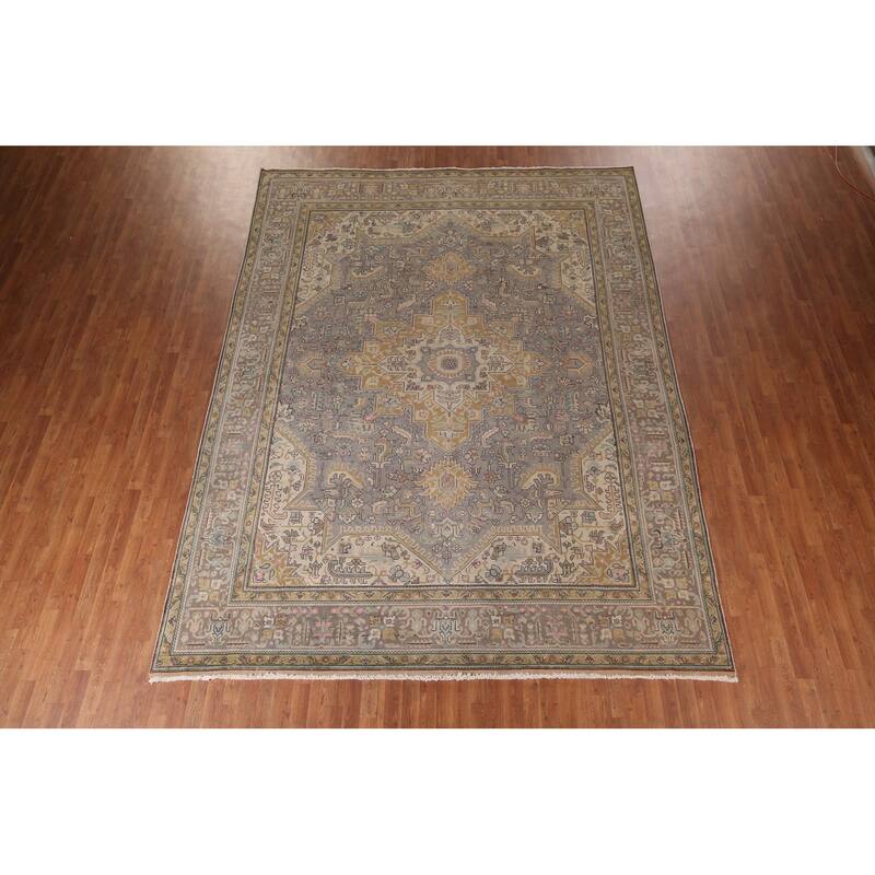 Gray Tabriz Persian Vintage Rug Hand-Knotted Medallion Wool Carpet - 9'8"x 12'9"