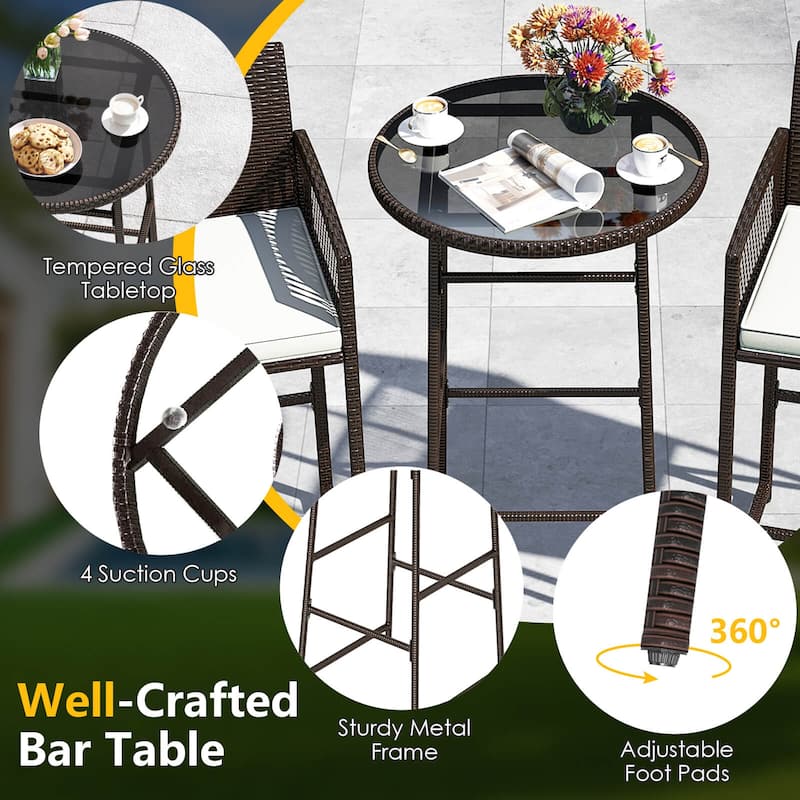 Costway 3 Piece Wicker Patio Bar Set with 2 Seat Cushions Glass - See Details