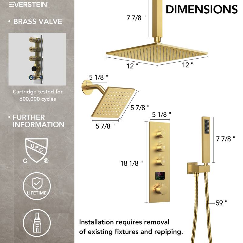 Digital Thermostatic Shower System Faucet Set 12" and 6" Temperature-Sensitive LED Rain Shower Head with Handheld Spray