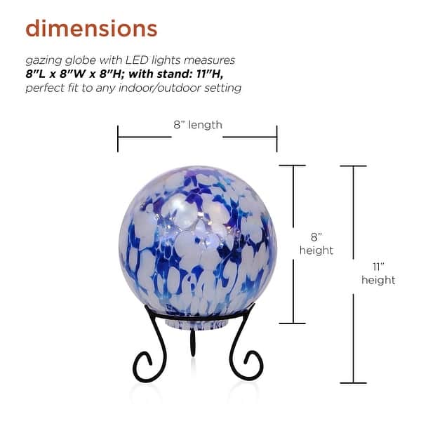 Alpine Corporation 8" Diameter Indoor/Outdoor Glass Gazing Globe with LED Lights and Stand, Blue/White