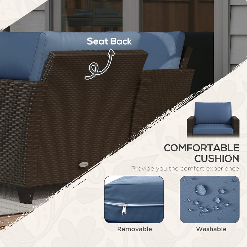 Outsunny 5 Piece Patio Furniture Set with Cushions, Outdoor Conversation Set with Rattan Three-Seater Sofa, Chairs & Footstools