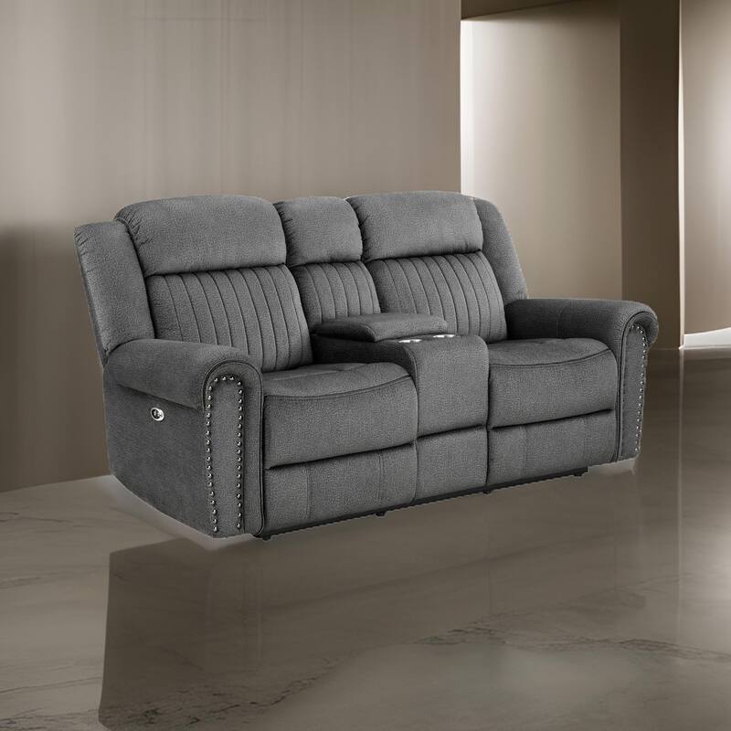 Ben 76 Inch Power Double Recliner Loveseat, Gray Microfiber, Console, Cupholders
