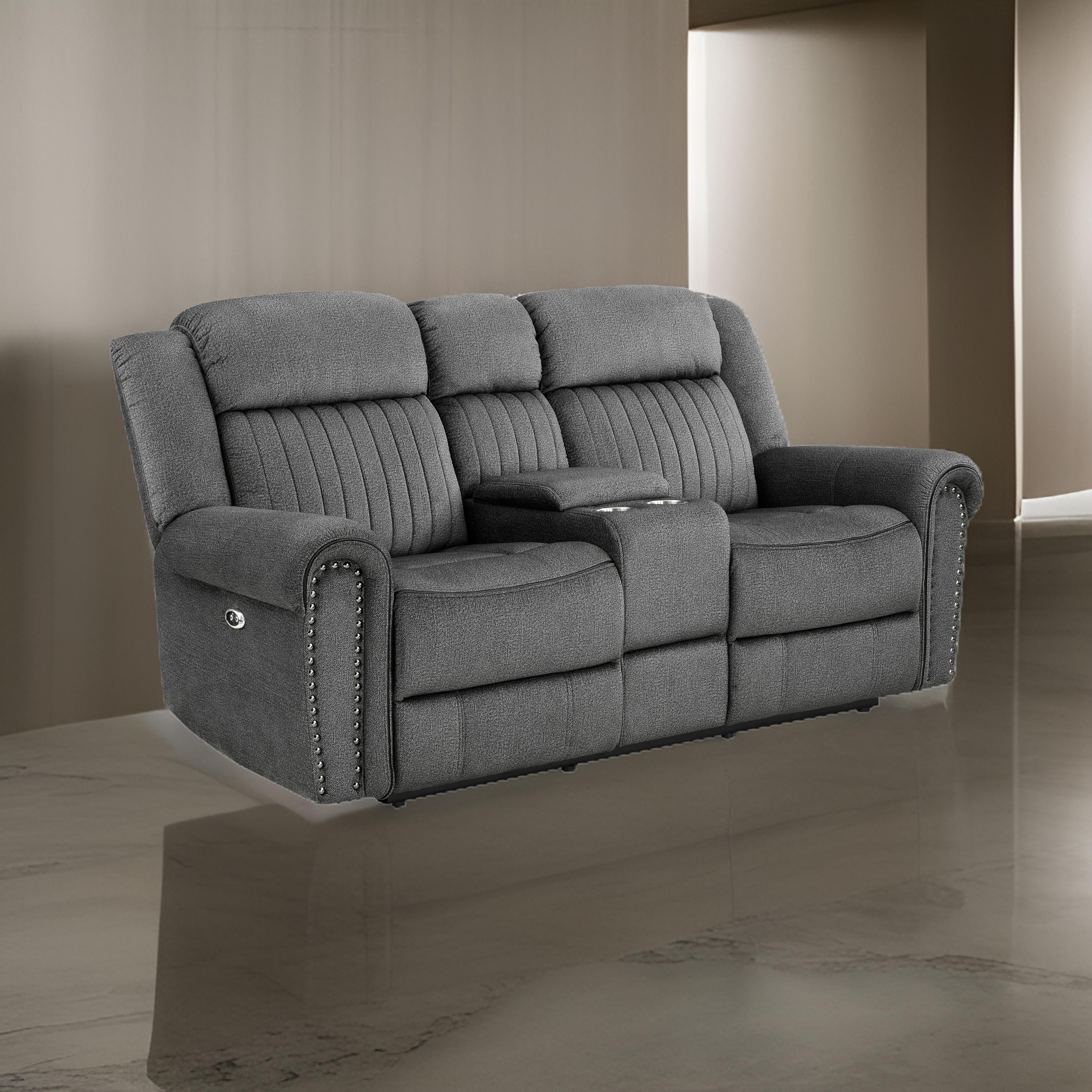 Ben 76 Inch Power Double Recliner Loveseat, Gray Microfiber, Console, Cupholders
