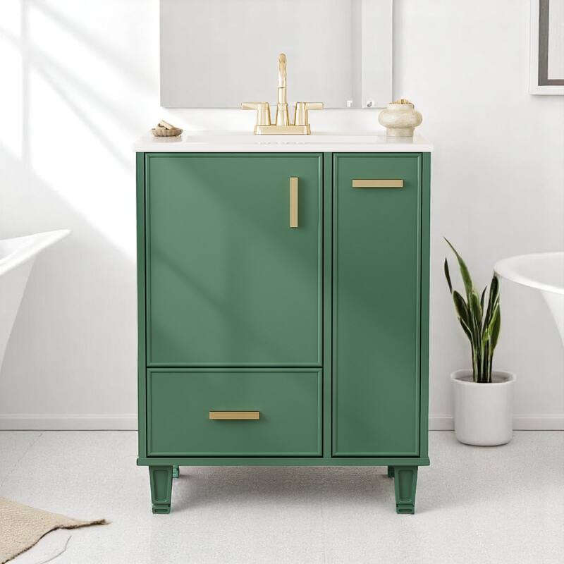 24" Freestanding Bathroom Vanity with Ceramic Sink, Door Shelf, Drawer, Pull-Out Basket, MDF and Wood Base - Green