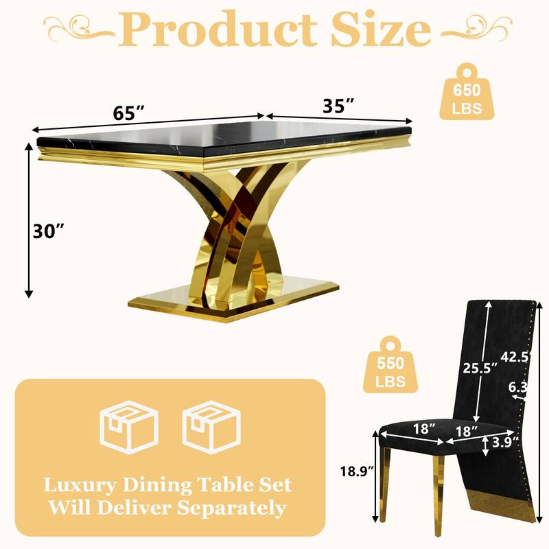 Stylish Modern X Cross Base Dining Room Table Set with Gold Dining Chairs
