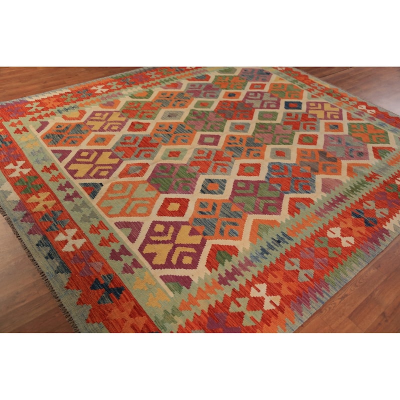 South Western Style Kilim Oriental Rug Hand-Woven Wool Carpet - 8'1"x 9'9"